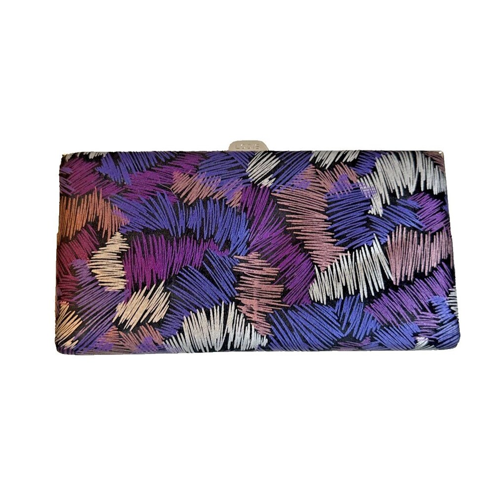 LODIS Framed Clutch Wallet Multicolor Abstract Print Purple Blue Leather